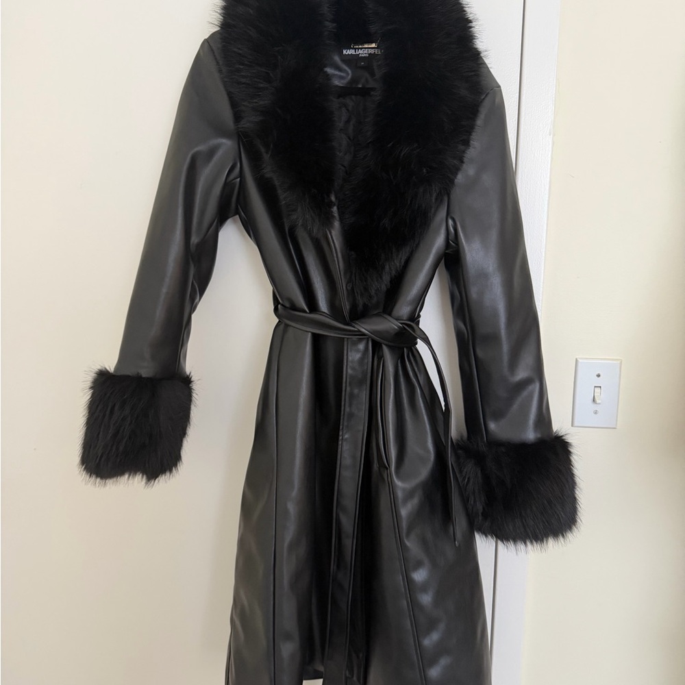 Karl Lagerfeld Black Leather coat with Faux Fur Trim- excellent condition